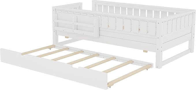 Bellemave Twin Size Kids Bed with high Rails and with Built-in Bookshelf and Trundle for Kids, Girls, Boys, Wood Montessori Bed Without Door, White