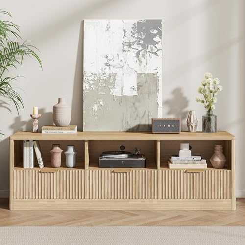 IRONCK 59" Fluted TV Stand for TVs Up to 65", Natural Oak