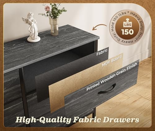 Huuger 78.7 inch Long Dresser for Bedroom, 15 Drawer Fabric Dresser for Closet, Large TV Stand for 65, 75, 85 inch TV, Wide Chest of Drawer with Storage, 78.7" W x 12.9" D x 26.7" H, Charcoal Black