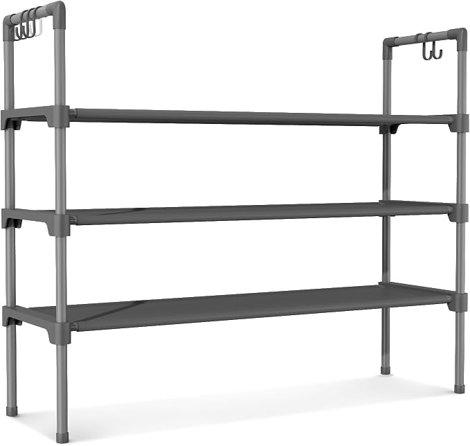 LANTEFUL 3 Tier Shoe Rack for Closet, Shoe Organizer with 5 Hooks, Long Shoe Shelf Storage for Shoe and Boot Stackable Free Standing Shoe Rack for Entryway, Garage, Small Spaces, Dorm, Grey