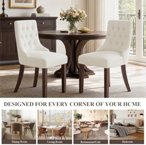Upholstered Dining Chairs Set of 6, Wingback Dining Room Chairs with Tufted Button, Fabric Dining Chairs with Solid Wood Legs for Dining Room, Kitchen, Apartment,Beige