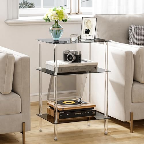 Tempered Glass Side Table, 3-Tier Acrylic End Table