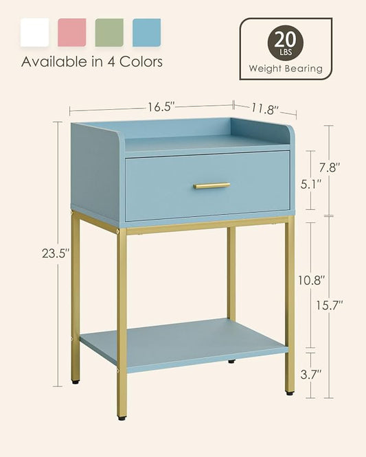 Masupu Nightstand,Bedside Table 3-Tier Modern Night Stand with Storage Drawer and Shelf,Small End Side Table for Bedroom,Living Room,Black (Without Outlet, Blue)
