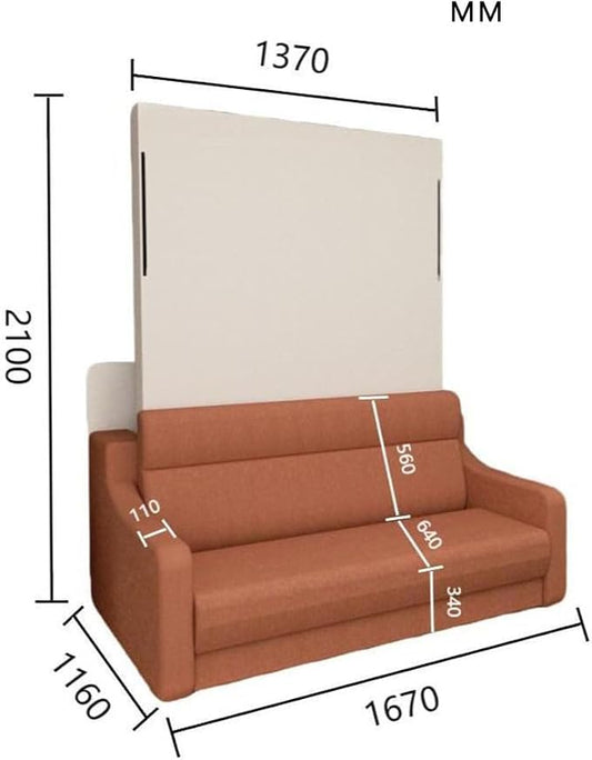 Full Size Murphy Bed Cabinet with Loveseat Sofa, White Hidden Beds,Wall Bedframe w/Orange Couch for Bedroom,Space-Saving, Noise Free
