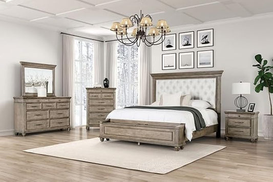 First of a Kind Philomath 5 Piece Queen Size Bedroom Furniture Set in Aged Oak - Transitional Upholstered Fabric Bed with Dual Nightstand Bedroom Ensemble