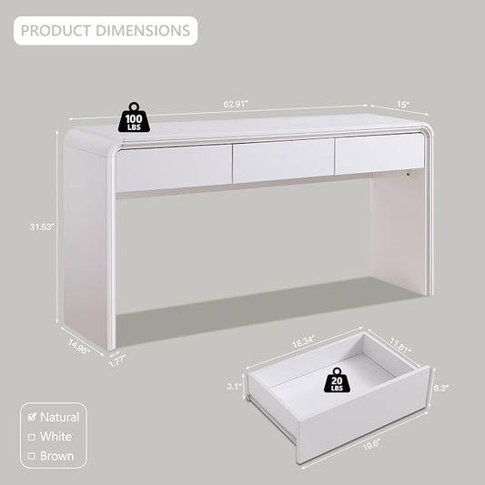 Aitjunz 63'' Console Table with 3 Drawers, Modern Entryway Table with Curved Profile Design, Narrow Long Wood Sofa Table Behind Couch Table for Living Room, Hallway, Foyer, White