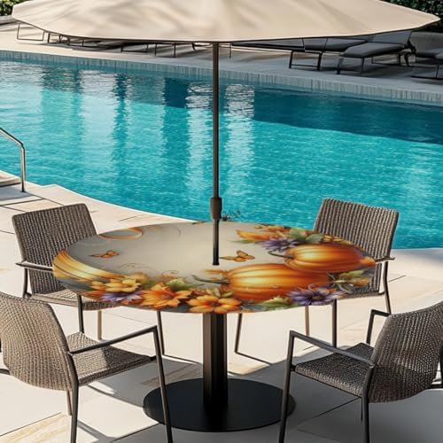 Pumpkin Outdoor Round Fitted Tablecloth with Umbrella Hole Zipper 36-44
