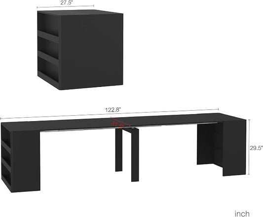 Extendable Foldable Dining Room Table for 1-12 People, Wood Multifunctional Rectangle Expandable Console Kitchen Living Meeting Room Furniture, Black