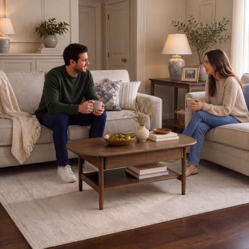 100% Solid Oak Wood Coffee Table with Storage for Living Room, 39.37"W