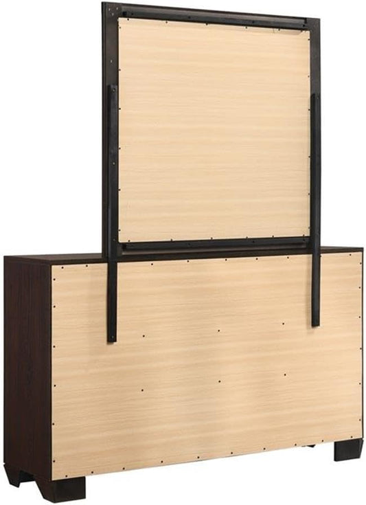 MAKLAINE 4-Piece Wood Eastern King Bedroom Set, Brown and Dark Cocoa Finish, Faux Leather Upholstered Bed, Mirror, Nightstand, Dresser, Mid-Century Modern Style Furniture for Bedroom Decor