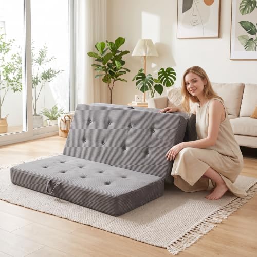 6 Inch Tri-Fold Corduroy Folding Sofa Bed, Queen Size Foldable Floor Mattress with Carry Handles, Sofa Bed for Floor, Couch for Living Room, Camping, Dorm, Yoga (Queen)
