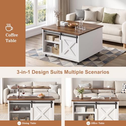 Shintenchi 31.5" Lift Top Coffee Table with Wheels & Storage, Square Farmhouse Lift Tabletop Coffee Tables for Living Room with Large Hidden Storage Compartments & Adjustable Shelves, White