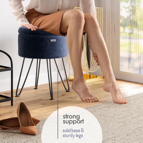 Round Ottoman with Storage, Textured Velvet Storage Ottoman, Foot Stool Ottomans, Makeup Vanity Stool, Small Ottomans Foot Rest, Modern Vanity Stools for Living Room and Bedroom, Blue