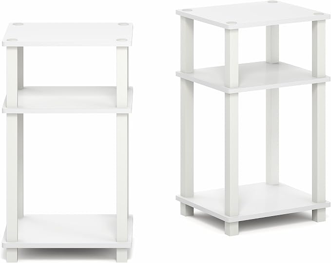 Furinno JUST Side Table Set of 2, 3-Tier Open Shelf Modern End Table, Toolless Assembly Night Stand, Bedside Table with Square Tube, for Living Room, Bedroom, White