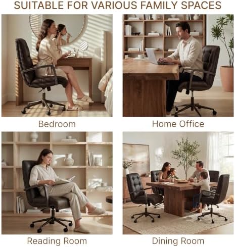 KISLOT Home Office Desk Chair, Ergonomic Office Chair with Square-Patterned Leather Upholstery, Adjustable Swivel Computer Chair with Wood Arms & Wheels, Soft-Rounded Front Edge, Espresso