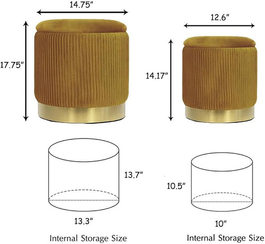 Round Ottoman with Storage Set of 2 Upholstered Velvet Vanity Stool, Small Ottoman Coffee Table, Removable Lid, for Living Room, Bedroom, Hallway, Assembly Free (Yellow with Bottom Gold)