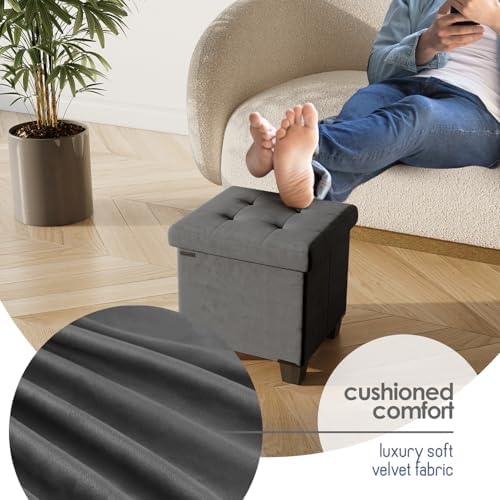 Storage Ottoman Cube with Small Bin, 15-in Square Ottoman with Storage for Living Room and Bedroom, Small Ottomans Foot Rest, Velvet Foot Stools Ottomans Max 330lbs, Grey