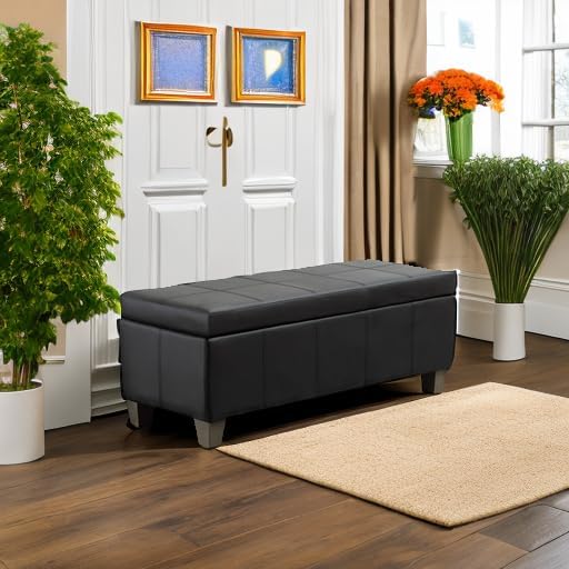 41" Storage Ottoman, Storage Bench with Safety Hinge, Upholstered Synthetic Leather Ottoman Bench for Bedroom, Living Room, Entryway, Hallway, Foot Rest, Support 500lbs, Black