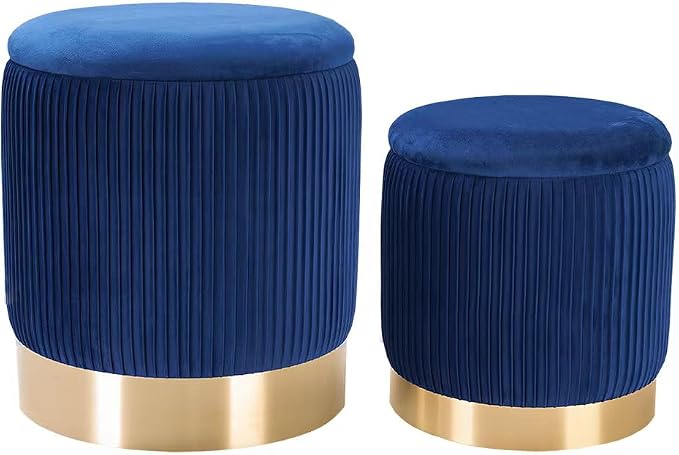 Blue Round Ottoman with Storage Set of 2 Upholstered Velvet Vanity Stool for Living Room Small Ottoman Coffee Table with Removable Lid Foot Stool for Living Room, Bedroom, Hallway, Assembly Free