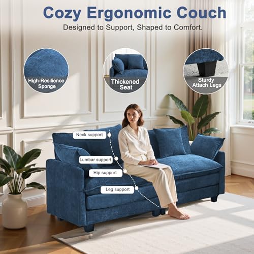 77" Cloud Chenille Sofa Set with Pillows, Deep Seat Loveseat Couch for Apartments, Space Saving 2-Seater with Solid Wood Frame, Easy Assembly (1YR Guarantee) Comfy, Blue