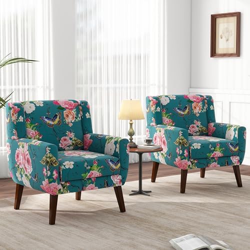Mid Century Modern Button Tufted Blue Patterned Set of 2 Accent Armchair