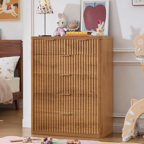 LEYAOYAO Fluted 6 Drawers Dresser for Bedroom, 42" Tall Modern Chest of Drawers with Metal Handle,Curved Profile Design,Wood Drawer Organizer for Bedroom, Living Room, Hallway, Brown