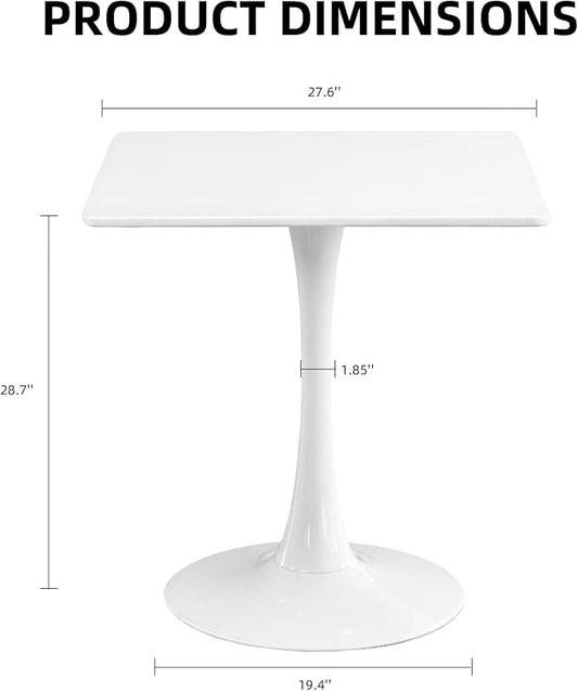 Square Dining Table, 27.6" Tulip Table with Thickened Tabletop & Metal Pedestal, Mid Century Modern Bistro Table for Kitchen, Small Places, Living Room, Cafe (White)