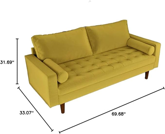 Container Furniture Direct Womble Mid Century Modern Soft Velvet Upholstered Tufted Seat with Bolster Pillows, Loveseat, Sofa, Textured Gold