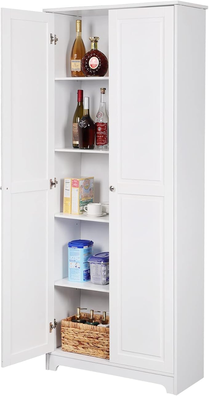 VINGLI 72" Tall Pantry Cabinet, Kitchen Pantry Storage Cabinet with 2 Doors & Adjustable Shelves, Freestanding Food Storage Cupboard for Kitchen, Dining Room, Utility Room, White