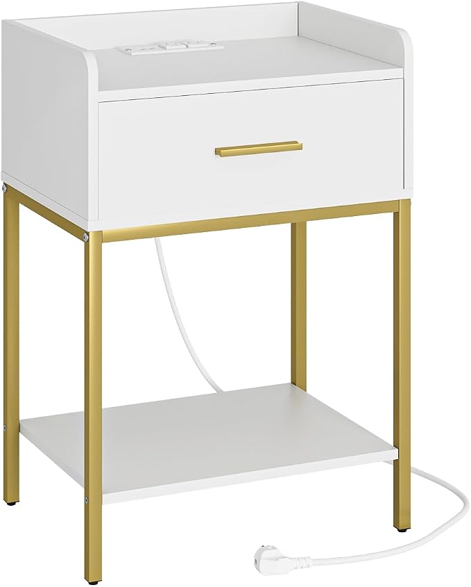 Masupu Nightstand with Charging Station,3-Tier Modern Bedside Night Stand with Storage Drawer and Shelf,Small End Side Table for Bedroom,Living Room,White