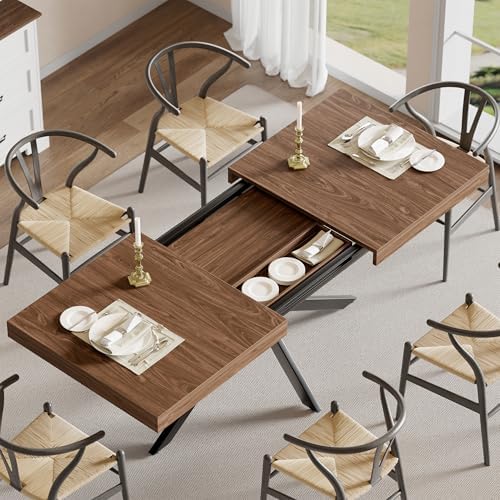 Extendable Dining Room Table for 4-6-8, Large 55''-70.9'' Wood Rectangle Expandable Dining Table with Hidden Storage, Space Saving Farmhouse Kitchen Table for Dining Room Kitchen Office,Walnut
