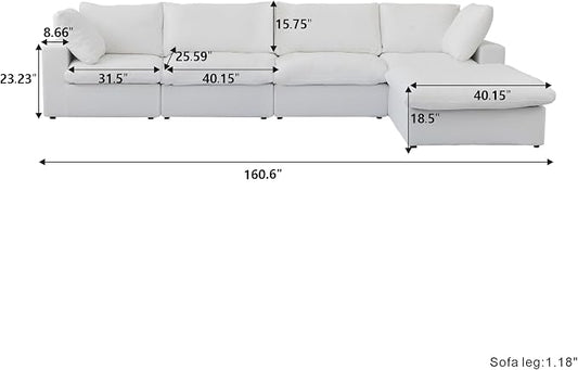 Cloud Modular Sectional Sofa with Storage Ottoman,160.6" Down Filled Comfort L Shaped Sofa Couch for Living Room,Minimalist Wide Deep Seat Convertible Couches,4 Seater and 1ottoman,White
