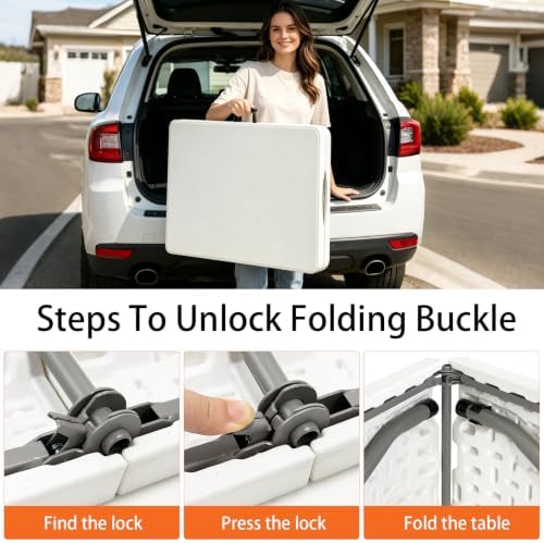 Folding Table 6ft, Heavy Duty Portable 6 Foot Foldable Table Plastic Large Folding Tables Indoor Outdoor for Camping, Picnic, Wedding and Party, White
