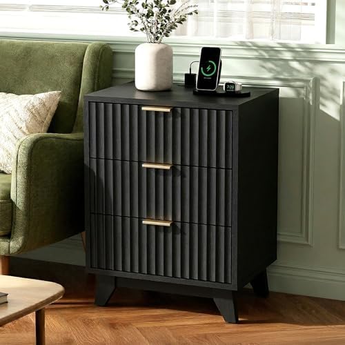 VINGLI Black Fluted Nightstands Set of 2 with Charging Station,3 Drawer Black Wood Nightstand for Bedroom, Modern Night Stand with Drawers, Fluted Bedside Table/End Table/Side Table, 2 pcs