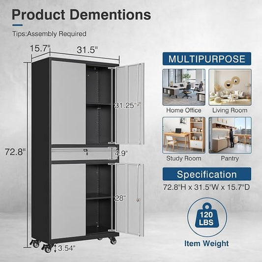 Metal Storage Cabinet with Wheels, 73" Tall Garage Rolling Storage Cabinets with Doors and Shelves, Lockable Tool Caninet Steel Locking Cabnets for Home Office, Garage, Pantry