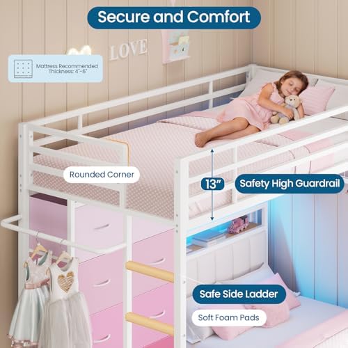Bunk Bed Twin Over Twin with 8 Drawers and Storage Headboard, LED Lights