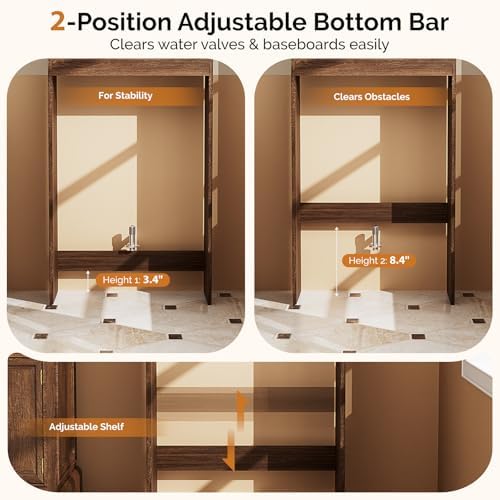 VINGLI Over The Toilet Storage Cabinet, Mid Century Modern Bathroom Organizer with Fluted Doors, Freestanding Wooden Space Saver Stand with Adjustable Shelves for Laundry, Dark Walnut