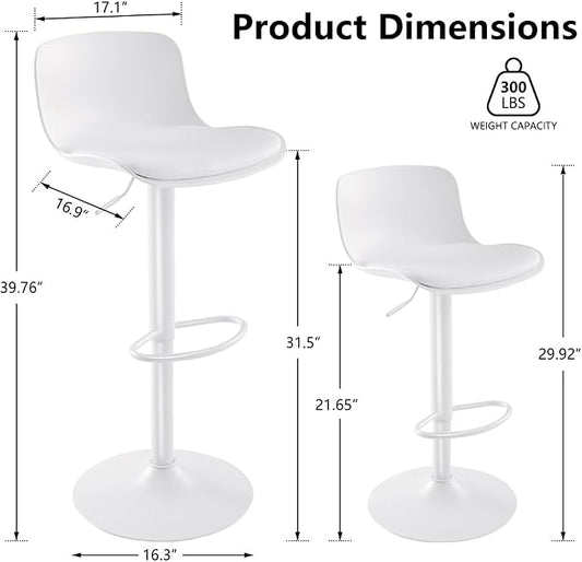 Kidol & Shellder Bar Stools Set of 2 Adjustable Swivel Counter Height Stools, Modern PU Leather Upholstered with Back Solid Color Barstools for Kitchen Island White