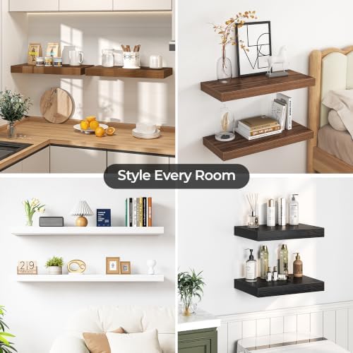 12" Deep Floating Shelves for Wall, Set of 2, 32 Inch Long Wall Shelves, 2" Thick Storage Display Shelves with Invisible Brackets for Living Room Bedroom Kitchen, Rustic Brown