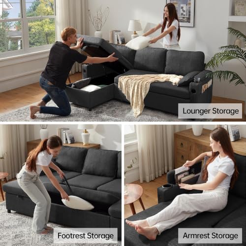 DURASPACE 81" Sectional Sofa with Pull Out Bed, L Shaped Sleeper Sofa Couch for Living Room,Convertible Pull Out Sofa Bed with Storage Chaise, USB Port, Cup Holder (Dark Gray)