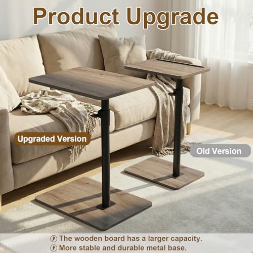 Sofa Armrest Tray Table for Couch - 360 Swivel Height Adjustable C Shaped End Table for Small Spaces, Snack Side Table for Bed or Chair with Phone & Tablet Slot (Gray, Enlarged)
