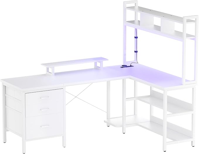 Aheaplus L Shaped Gaming Desk with Hutch, Gaming Desk with Led Lights, Reversible Computer Desk with Power Outlet, Corner Desk with File Drawer & Monitor Stand, Storage Shelves for Home Office, White