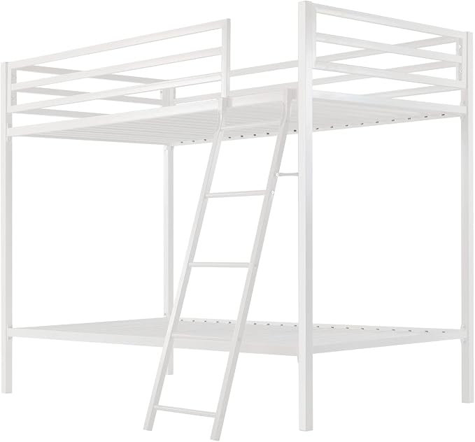 ikalido Metal Loft Bunk Bed Twin Over Twin Size with Ladder, Cream White | Safety Guardrail,No Box Spring Needed, Space Saving Bedroom Furniture