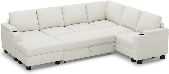 Belffin Sleeper Sofa Modular Sectional Pull Out Couch Bed U Shaped Sofa Couch for Living Room with Storage Chaise. White