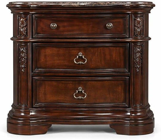 First of a Kind Barney’s Traditional Walnut Nightstand with Marble Top 3 Drawer Wood Bedside Table 32 Inch Curved Frame Circle Knobs Ornate Handles Classic Bedroom Furniture