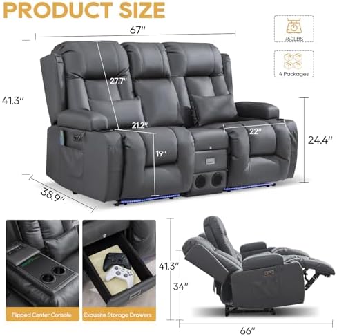 IPKIG Power Loveseat Recliner Sofa with Flip Back Console, 67" - 3 Seat