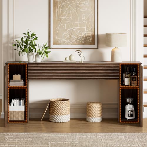 FABATO 70.8” Fluted Long Console Table with 2 Hidden Storage Cabinet Walnut