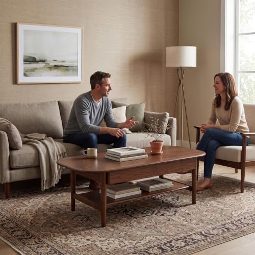 100% Solid Oak Wood Coffee Table with Storage for Living Room, 47.24"W