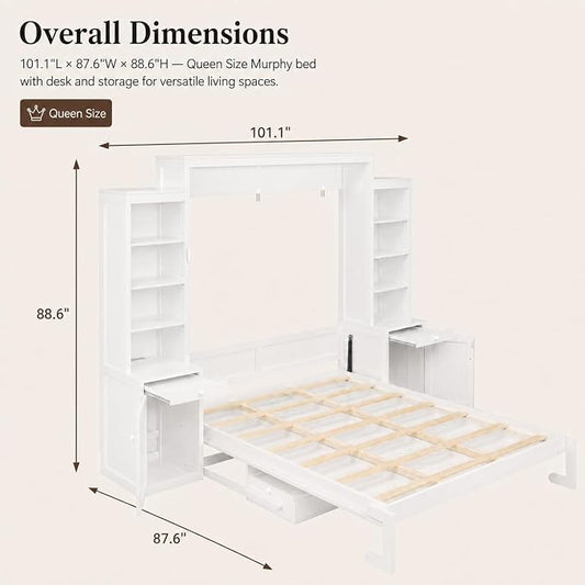 Queen Murphy Bed with Desk, Wall Bed Cabinet with Storage Shelves, Enclosed Cabinets and Hidden Foldout Workstation, Folding Cabinet Bed, Space Saving Bed for Guest Room, Home Office (Antique White)