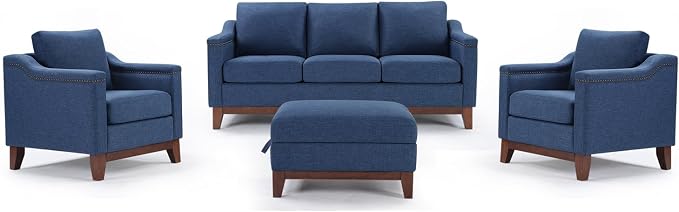 HAOMARKETS 4 Piece Fabric Sofa Set with Nailhead Trim, Included Upholstered Accent Chair Set of 2 with Thicked Cushion, 3 Seater Couch and Storage Ottoman with Flip-Top Table for Living Room, Blue